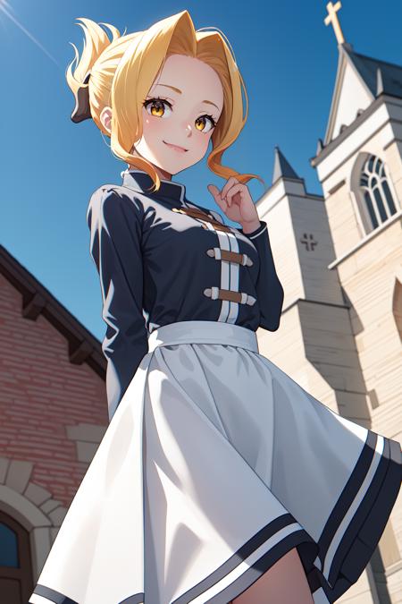 46168-1829090189-1girl, solo, luna __(konosuba__),__blonde hair, folded ponytail, sidelocks,__yellow eyes,__smile,__skirt, medieval dress, white.png